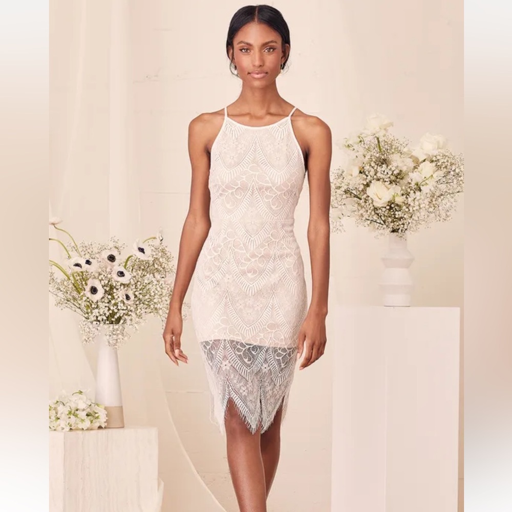 Lulus Your Love Forever White Lace Bodycon Midi Dress NWT
